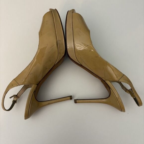 Jimmy Choo Heels Womens 39.5 Gold Glossy Leather Peep Toe‎ Stiletto Platform - Picture 6 of 11